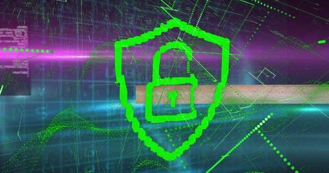 Image of padlock icon over network of connections and data processing Illustrazione stock