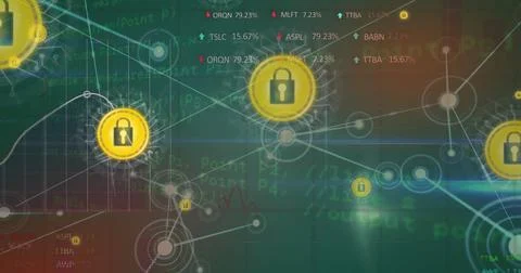 Image of padlock icon over network of connections and data processing on bl.. 스톡 사진