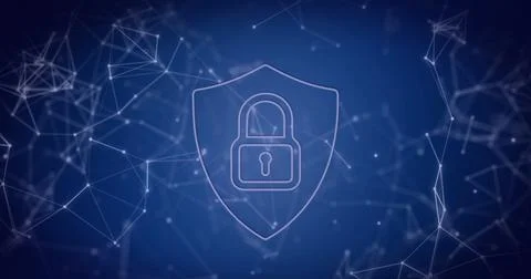Image of padlock icon over network of connections on blue background Foto stock