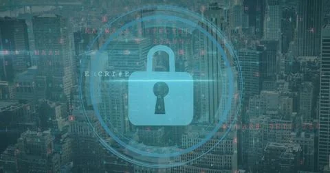 Image of padlock icon over network and data processing over cityscape 스톡 사진