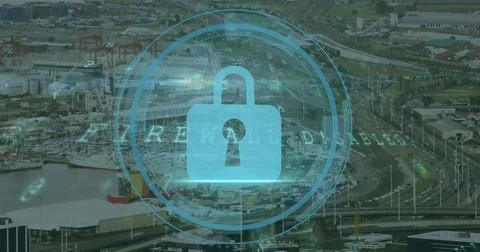 Image of padlock icon over network and data processing over cityscape 스톡 사진