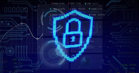 Image of padlock icon over scope scanning and data processing 库存插图