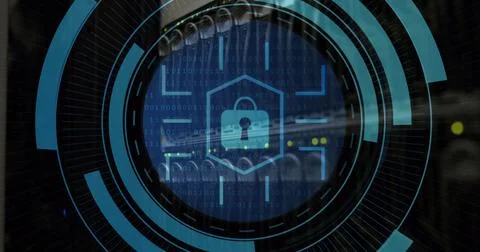 Image of padlock icon over server room 写真素材