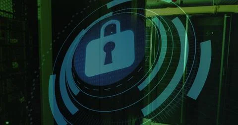 Image of padlock icon over server room 스톡 사진