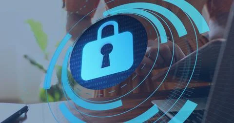 Image of padlock icon with scope over caucasian woman using laptop Foto stock