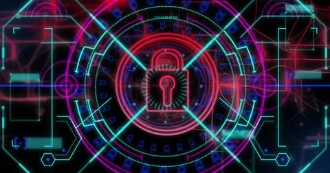 Image of padlock icon, scope scanning and data processing Stock Illustration