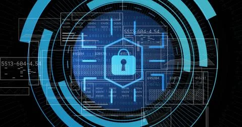 Image of padlock icon, scope scanning with data processing Stock Photos