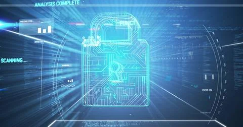 Image of padlock icon with scope scanning and data processing on black 스톡 사진