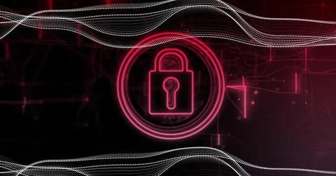 Image of padlock icon withlines and network of connections on black background Stock Photos