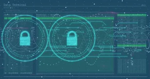 Image of padlock icons and data processing 스톡 사진