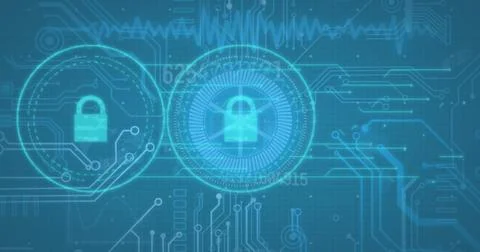 Image of padlock icons and data processing computer circuit board 写真素材