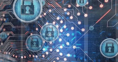 Image of padlock icons and data processing over computer servers Stockfoto's