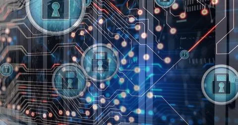 Image of padlock icons and data processing over computer servers Stock Photos