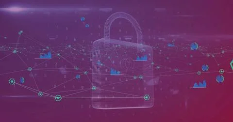 Image of padlock, icons and data processing over network of connections Foto stock
