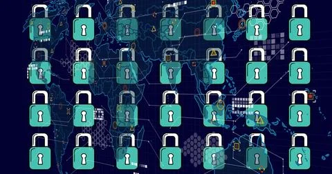 Image of padlock icons over world map Stock Illustration