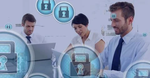 Image of padlock icons processing over diverse people in office Stockfoto's