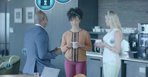 Image of padlock icons processing over diverse business people in office Stock Photos