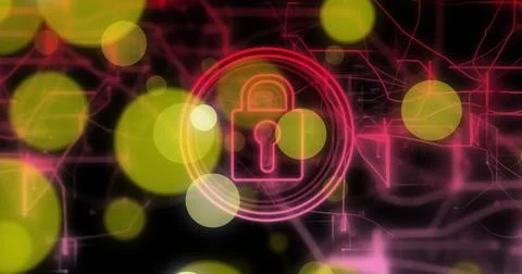 Image of padlock, light trails and data processing over black background Illustrazione stock