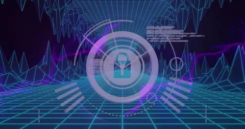 Image of padlock in loading circles, dynamic waves, computer language over 3d Stockillustratie
