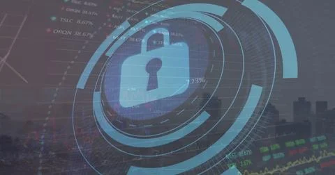 Image of padlock in loading circles, graphs, trading board over aerial view of Ilustración de archivo