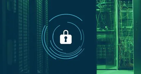Image of padlock in loading circles over data server system in server room Stock Illustration