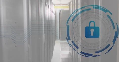 Image of padlock in loading circles over data server room Stock Photos