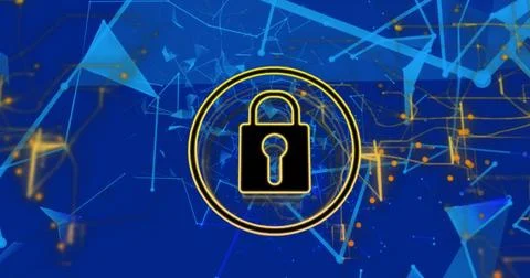 Image of padlock, navigation pattern and connected dots forming shape over blue Stock Photos