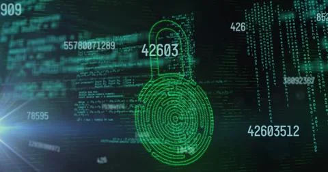 Image of padlock over changing numbers and programming language Illustrazione stock
