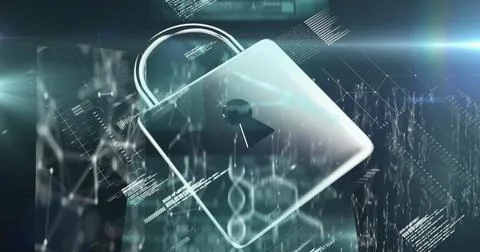 Image of padlock over data processing on black background Illustrazione stock