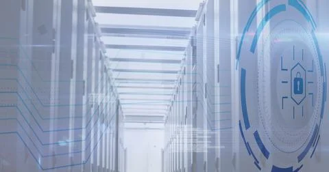 Image of padlock over data processing and server room Stock Photos