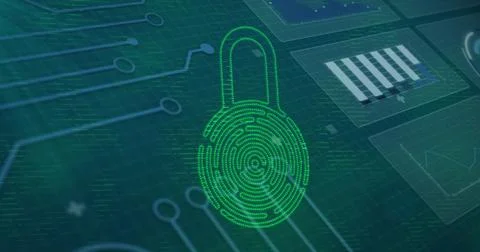 Image of padlock over data processing with motherboard and charts on dark Stock Photos