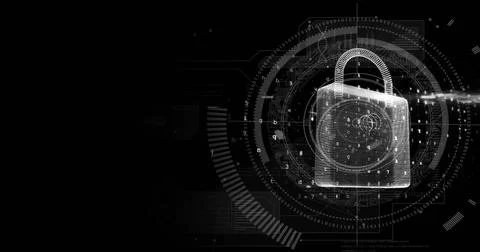 Image of padlock, scope and data processing over dark background Stock Photos