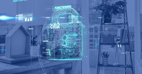 Image of padlock, scope scanning and data processing over modern office Foto stock
