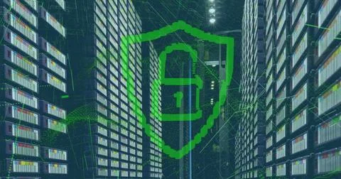 Image of padlock in shield and dynamic waves over large data server room Illustrazione stock