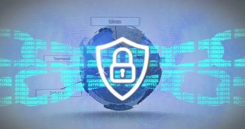 Image of padlock in shield, blockchain over texts around globe over abstract Ilustração Stock