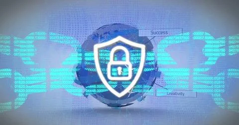 Image of padlock in shield, blockchain over texts around globe over abstract Ilustração Stock