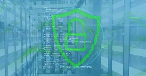 Image of padlock in shield, computer language over bars on data server room Illustrazione stock