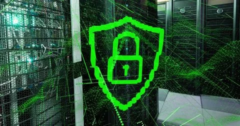 Image of padlock in shield with dynamic wave of dots over data server systems Illustrazione stock