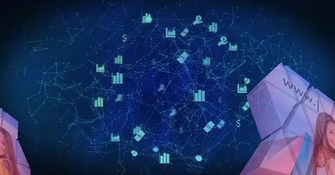 Image of padlock in shield, numbers forming blockchain, icons forming globe and Stock Photos