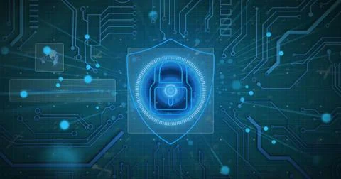 Image of padlock in shield over circles against circuit board pattern on bl.. Stock Photos