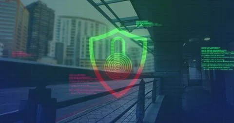 Image of padlock in shield over data processing and train station Stock Photos