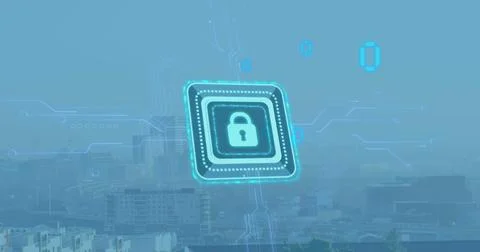 Image of padlock in squares over binary codes against modern cityscape agai.. Stock Photos