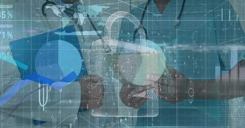 Image of padlock, statistics and data processing over midsection of caucasi.. Stock Photos