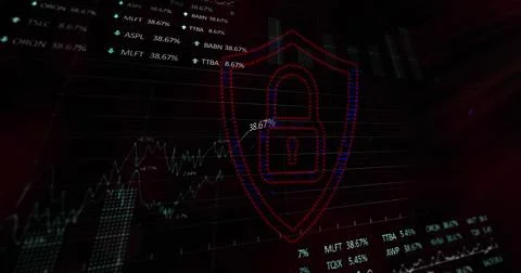 Image of padlock with statistics and data processing Foto stock