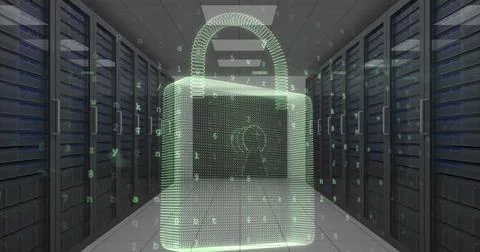 Image of padlock, warning text and data processing over computer servers in 写真素材