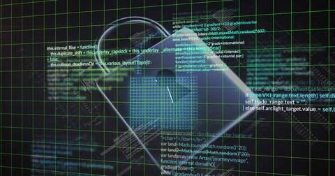 Image of padlocks and computer language over black background Stock-Fotos