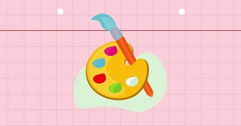Image of paint brush and pallet art subject icon on squared pink notebook page Stock Illustration