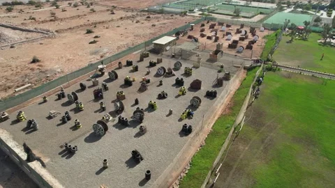Image of a paintball field with obstacles and bunkers viewed from the air Stock-Footage 247186378