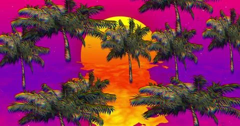 Image of palm trees over sea and sun Stock Illustration