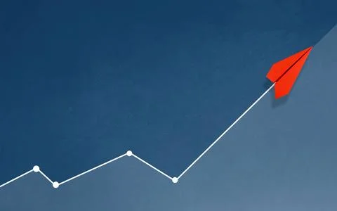 An image of a paper airplane flying over an upward-trending line graph Stock Photos